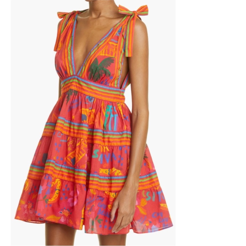 FARM Rio Red Multi-Color Striped Tropical Tie-Shoulder Mini Dress
